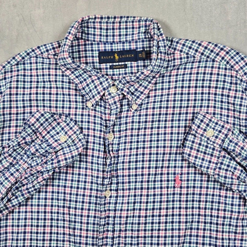 Ralph Lauren Shirt Mens XXL Blue Tattersall Plaid Button Down Pony Spring Preppy